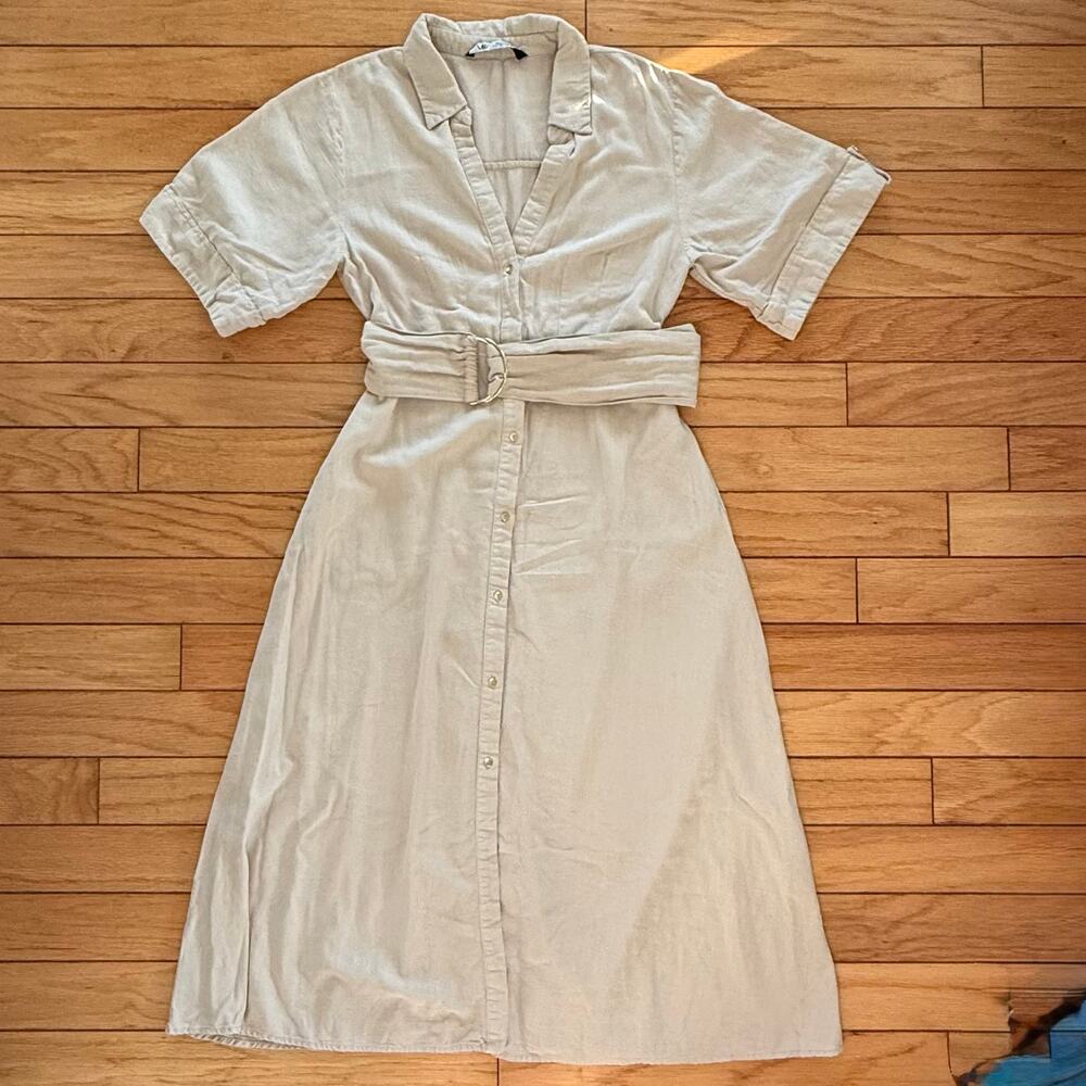 Zara Linen Blend Shirt Dress Women’s Large Tan Belted Button Down Midi Beach